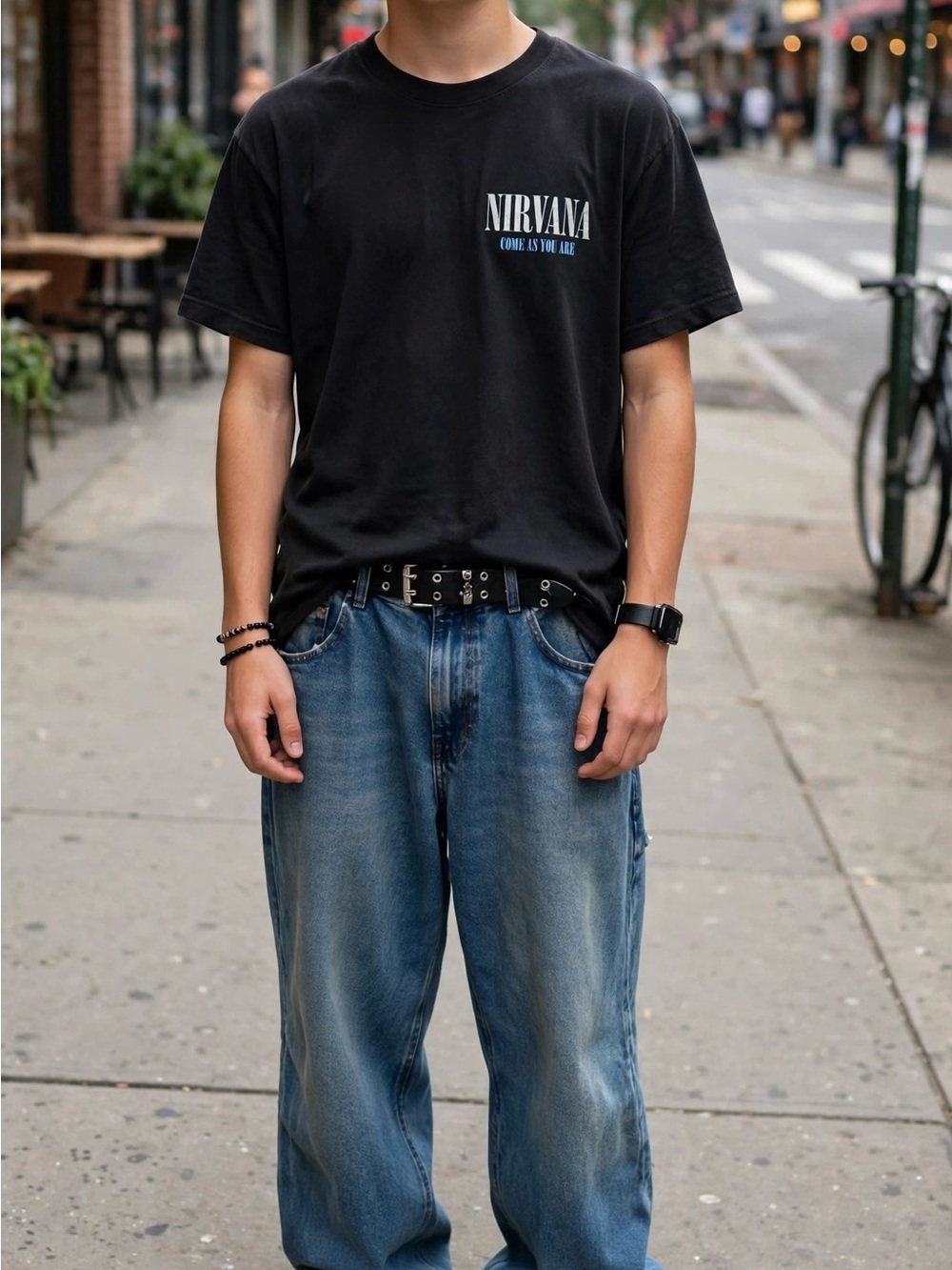 H&M Black Tee with Light Blue NEVERMIND Back Print